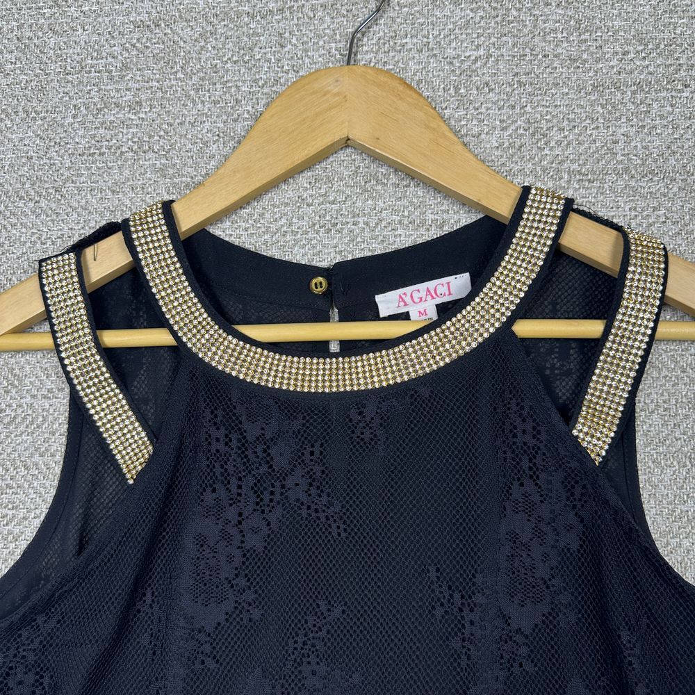 A'Gaci Sz M Top Black Crystal Lace Tank Vegas Fairy Whimsigoth Mob Wife Party - Picture 3 of 10